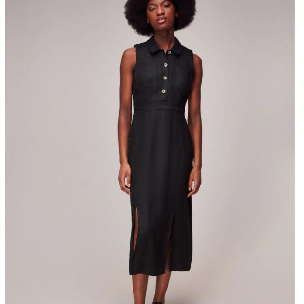 Whistles Dress Womens 14 Black Molly Linen Midi Sleeveless Collared Front Slits